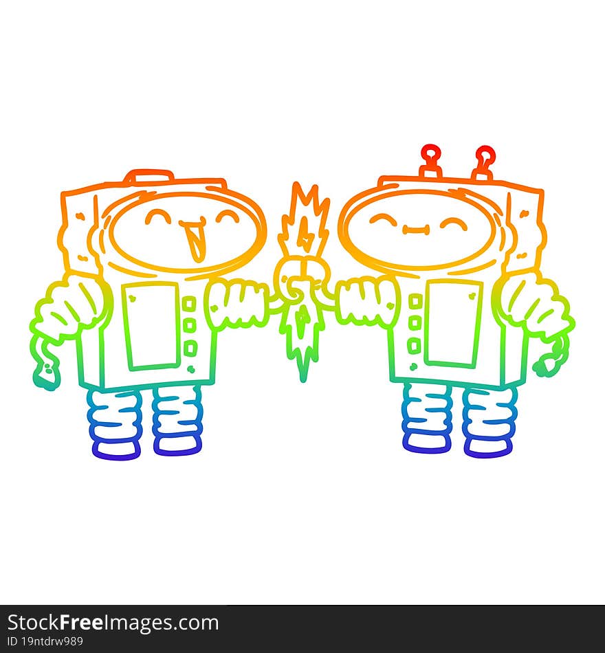 rainbow gradient line drawing cartoon robots connecting