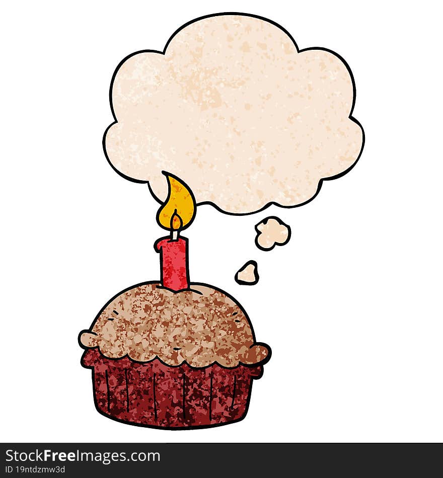 cartoon birthday cupcake and thought bubble in grunge texture pattern style