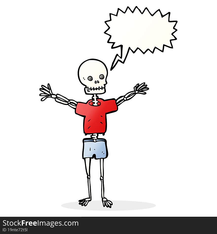 cartoon skeleton in clothes with speech bubble