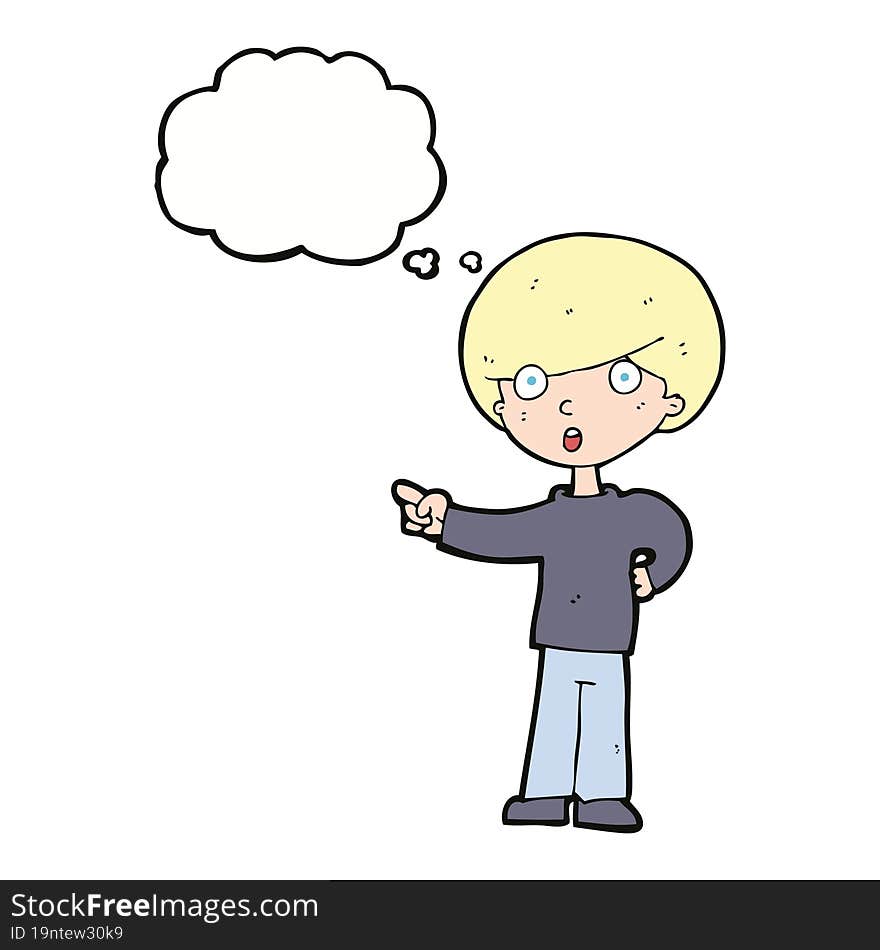 cartoon pointing boy with thought bubble