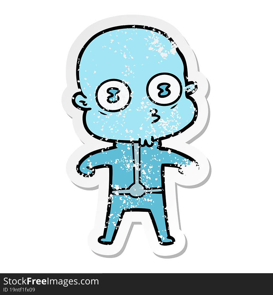 distressed sticker of a cartoon weird bald spaceman