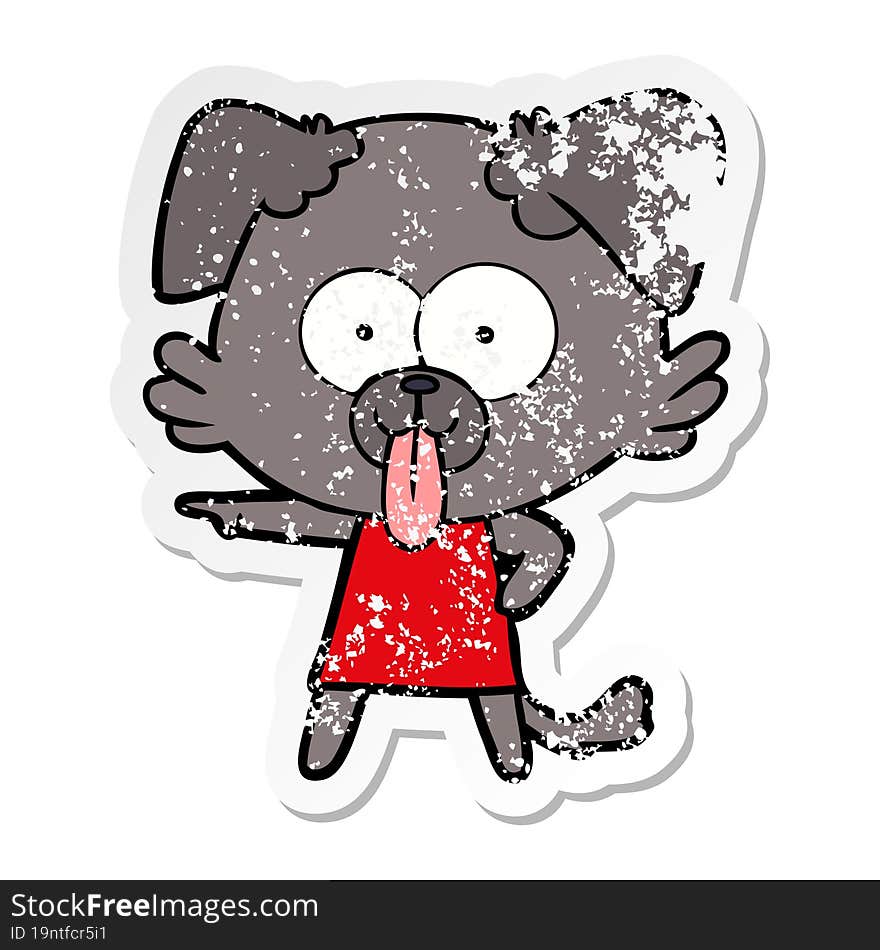 distressed sticker of a cartoon dog with tongue sticking out