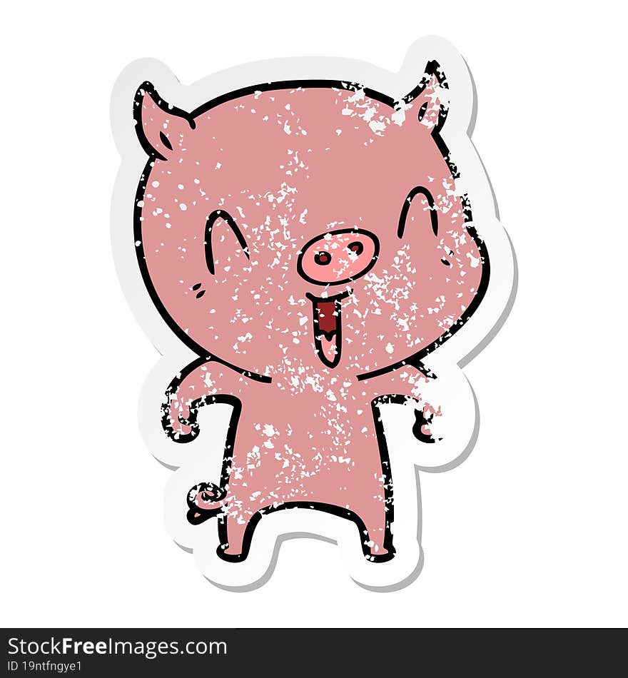 distressed sticker of a happy cartoon pig