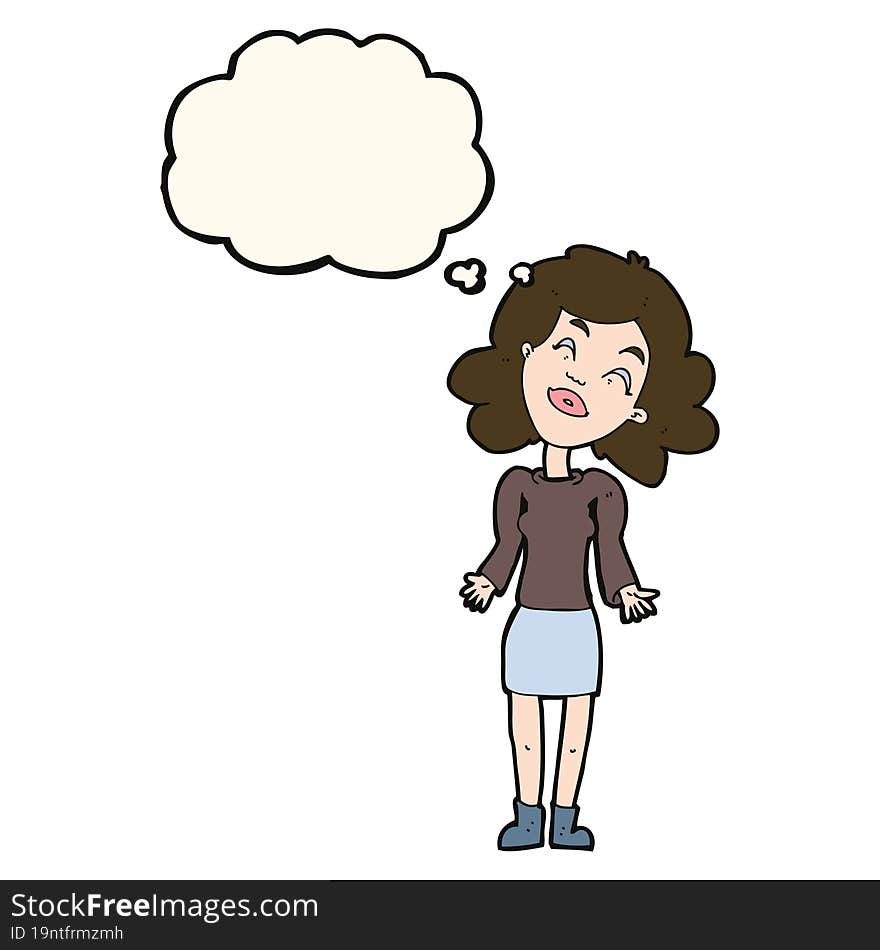 cartoon woman shrugging shoulders with thought bubble