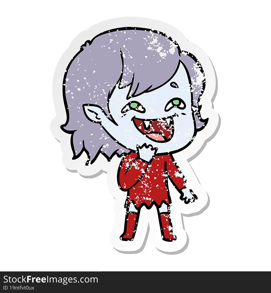 distressed sticker of a cartoon laughing vampire girl