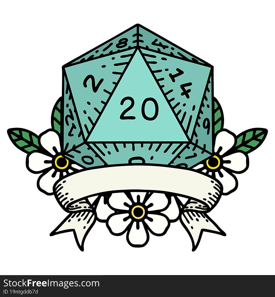 Retro Tattoo Style natural 20 critical hit D20 dice roll. Retro Tattoo Style natural 20 critical hit D20 dice roll