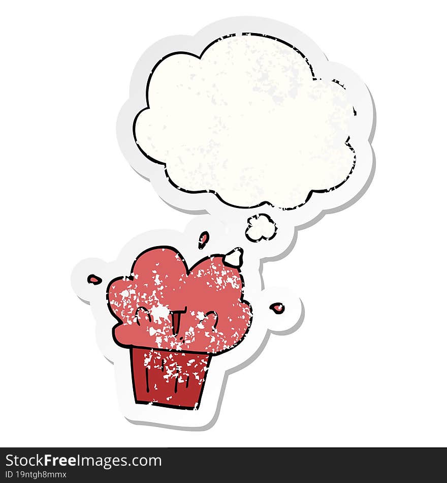 cartoon cupcake with thought bubble as a distressed worn sticker