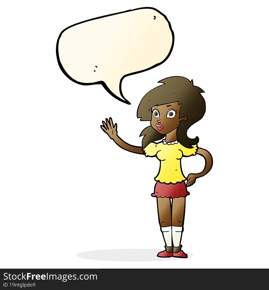 cartoon pretty woman waving for attention with speech bubble