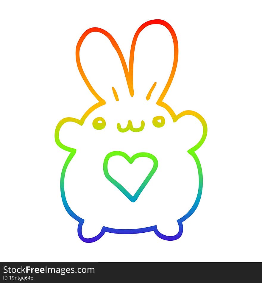 rainbow gradient line drawing of a cute cartoon rabbit with love heart