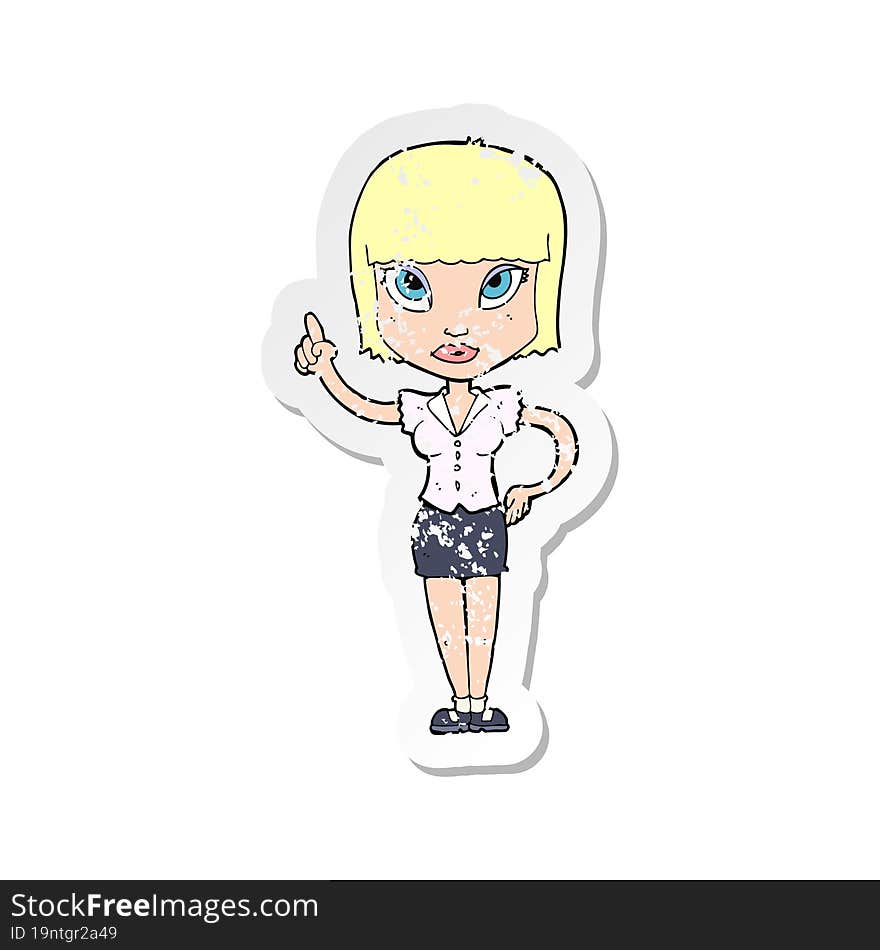 retro distressed sticker of a cartoon pretty girl with idea