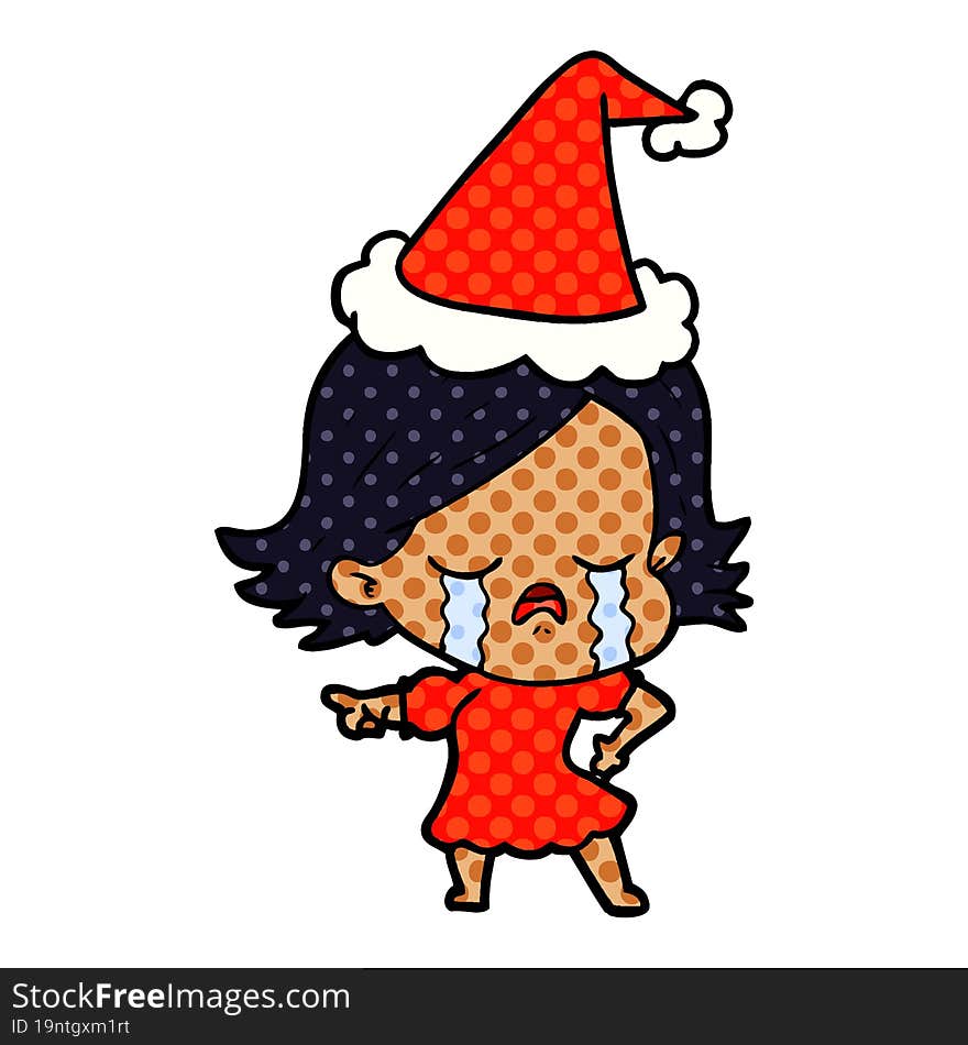 comic book style illustration of a girl crying and pointing wearing santa hat