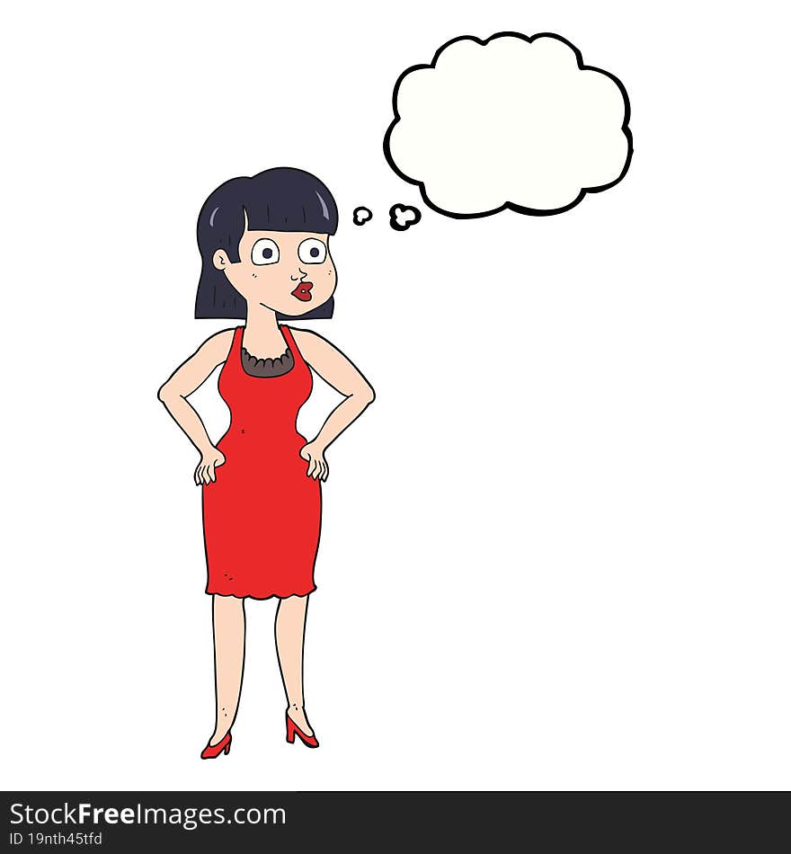 freehand drawn thought bubble cartoon woman in dress with hands on hips