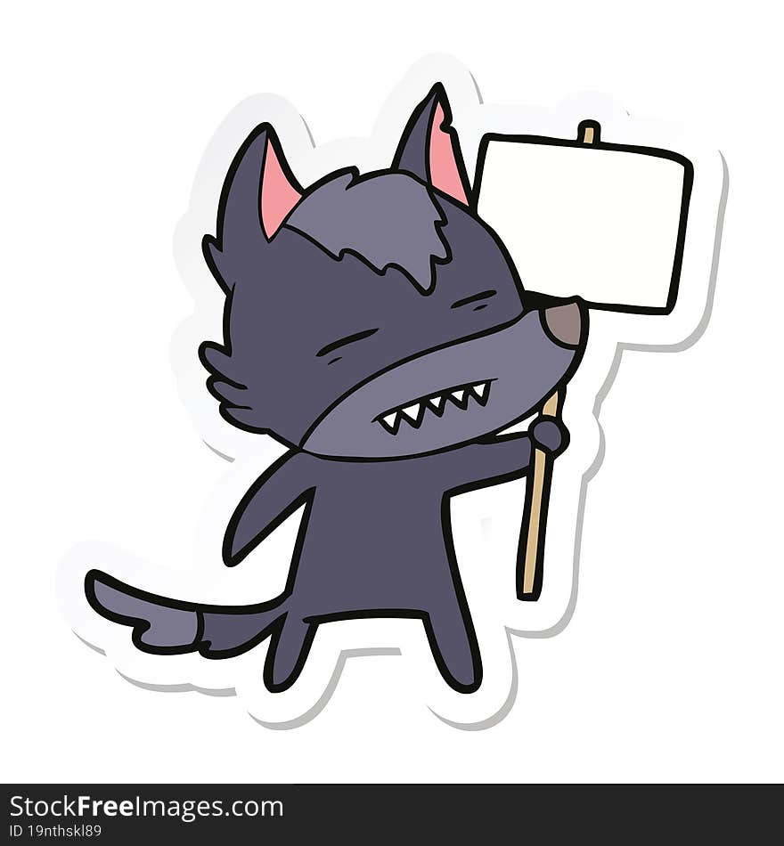 Sticker Of A Cartoon Wolf With Sign Post Showing Teeth