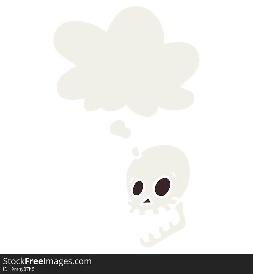 laughing skull cartoon with thought bubble in retro style