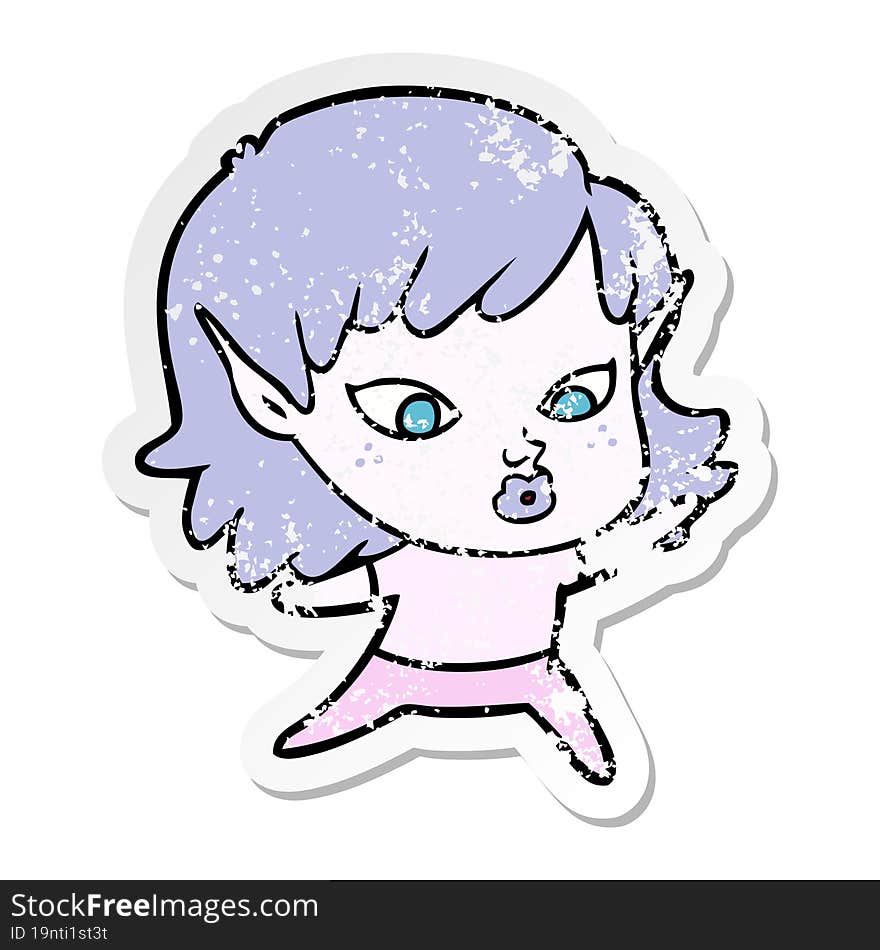 distressed sticker of a pretty cartoon elf girl