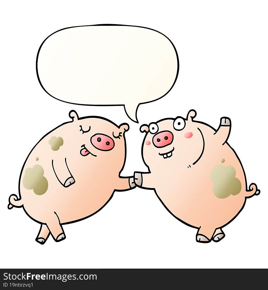 cartoon pigs dancing and speech bubble in smooth gradient style