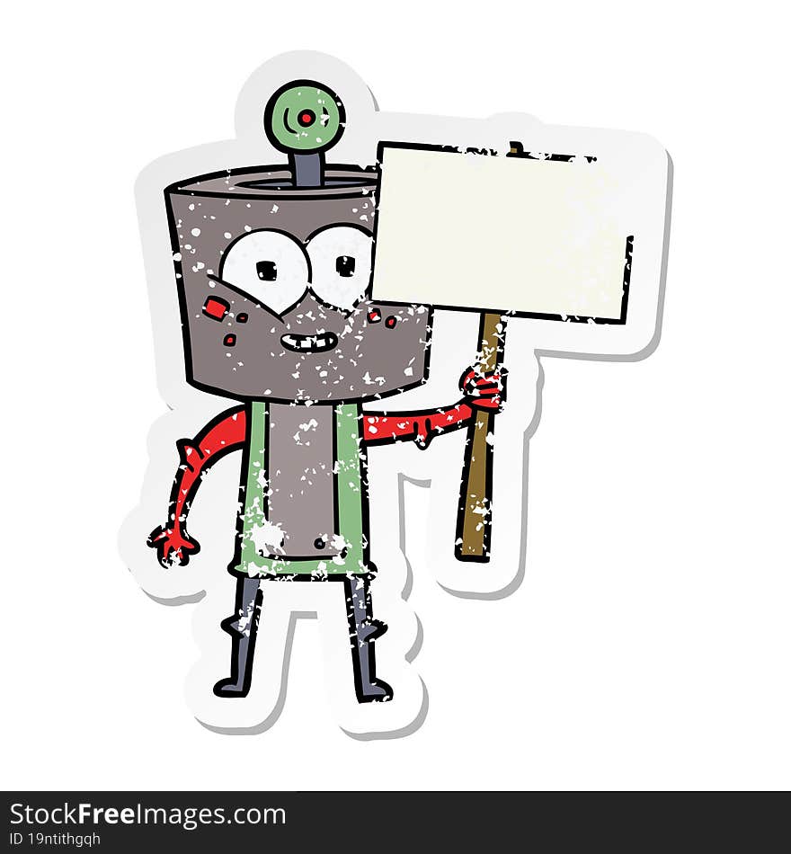 distressed sticker of a happy cartoon robot