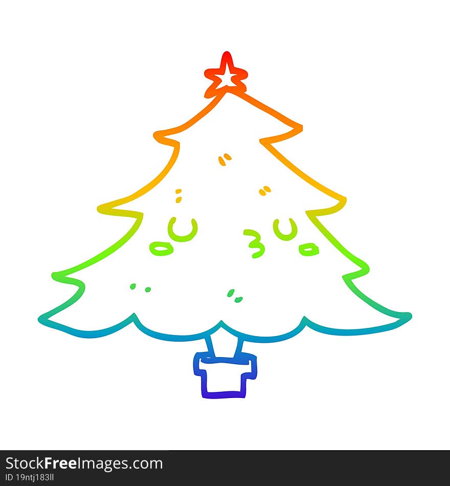 rainbow gradient line drawing of a cute cartoon christmas tree