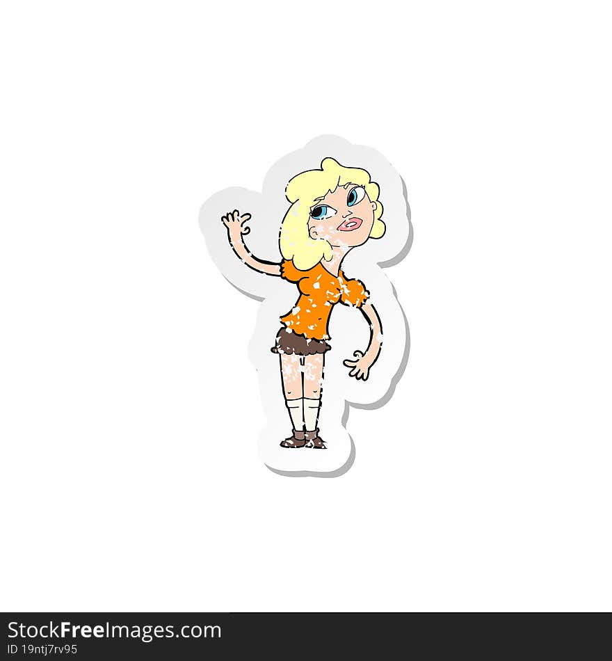 retro distressed sticker of a cartoon woman waving