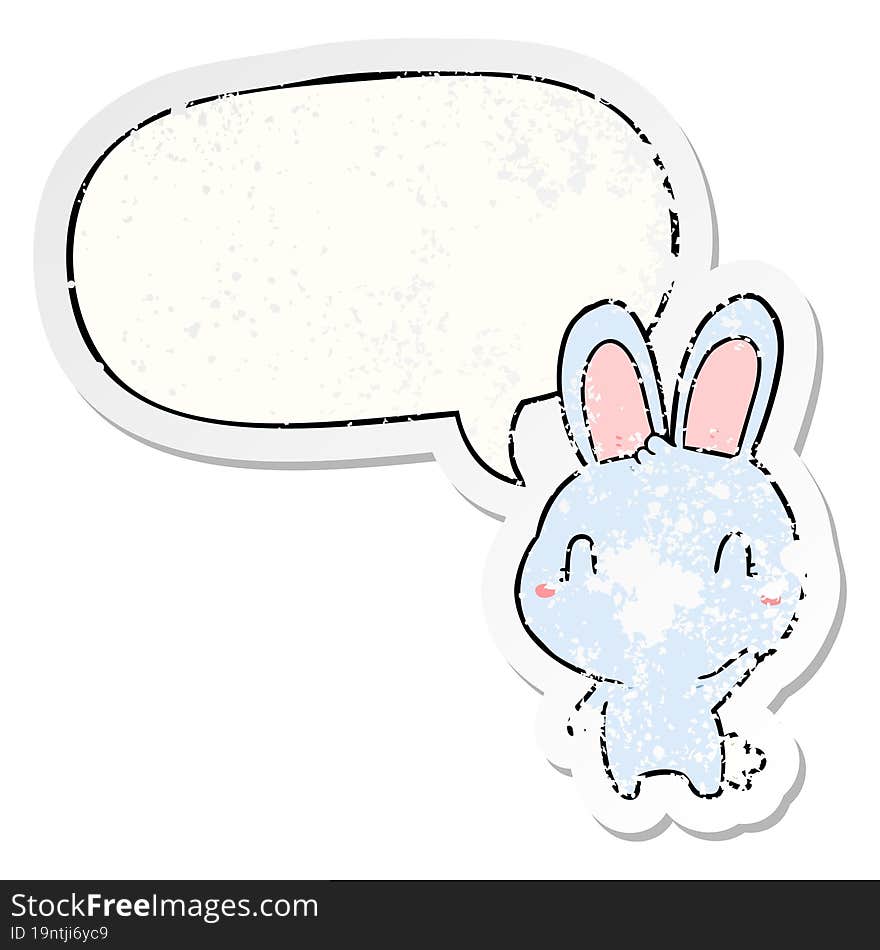 Cute Cartoon Rabbit Waving And Speech Bubble Distressed Sticker