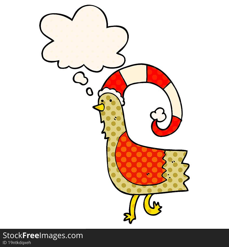 cartoon chicken in funny christmas hat and thought bubble in comic book style