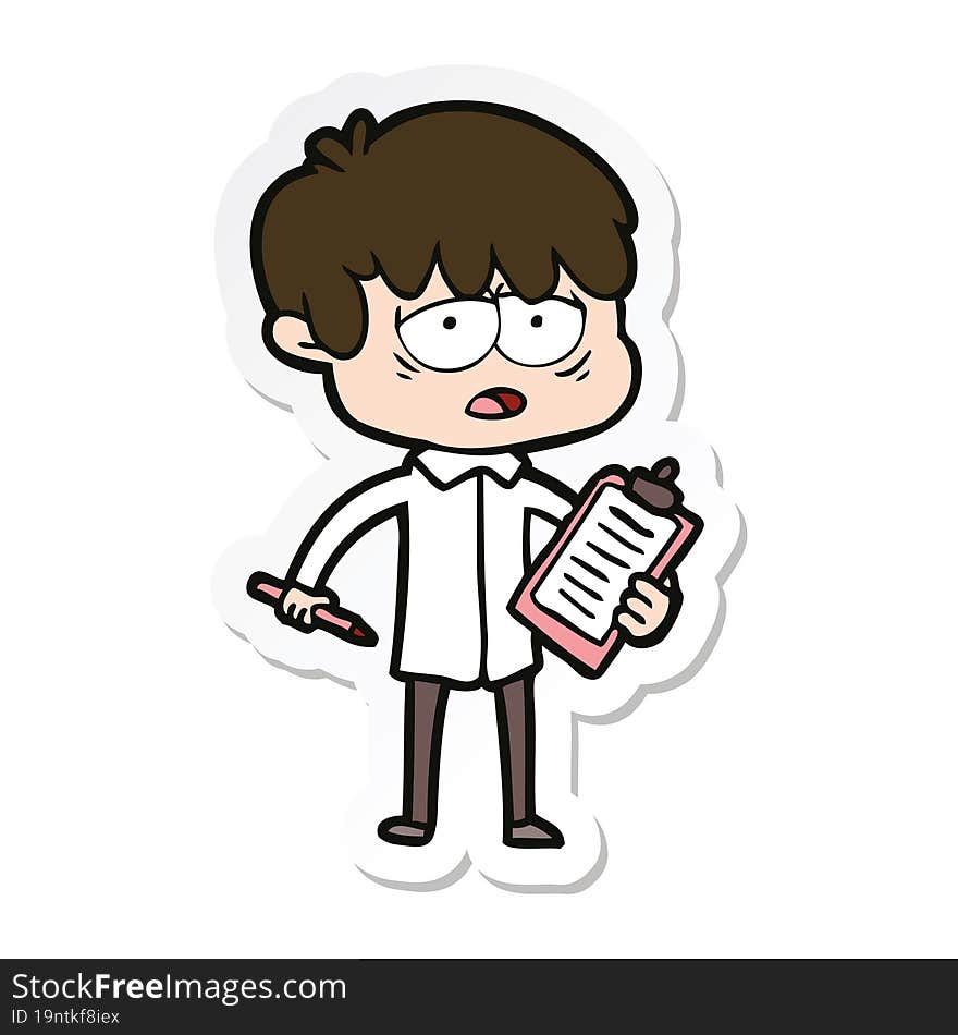 sticker of a cartoon exhausted boy