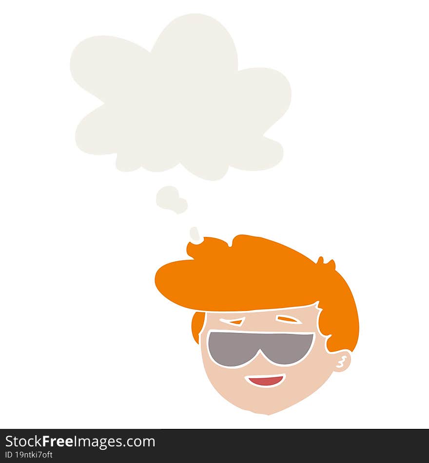 cartoon boy wearing sunglasses and thought bubble in retro style