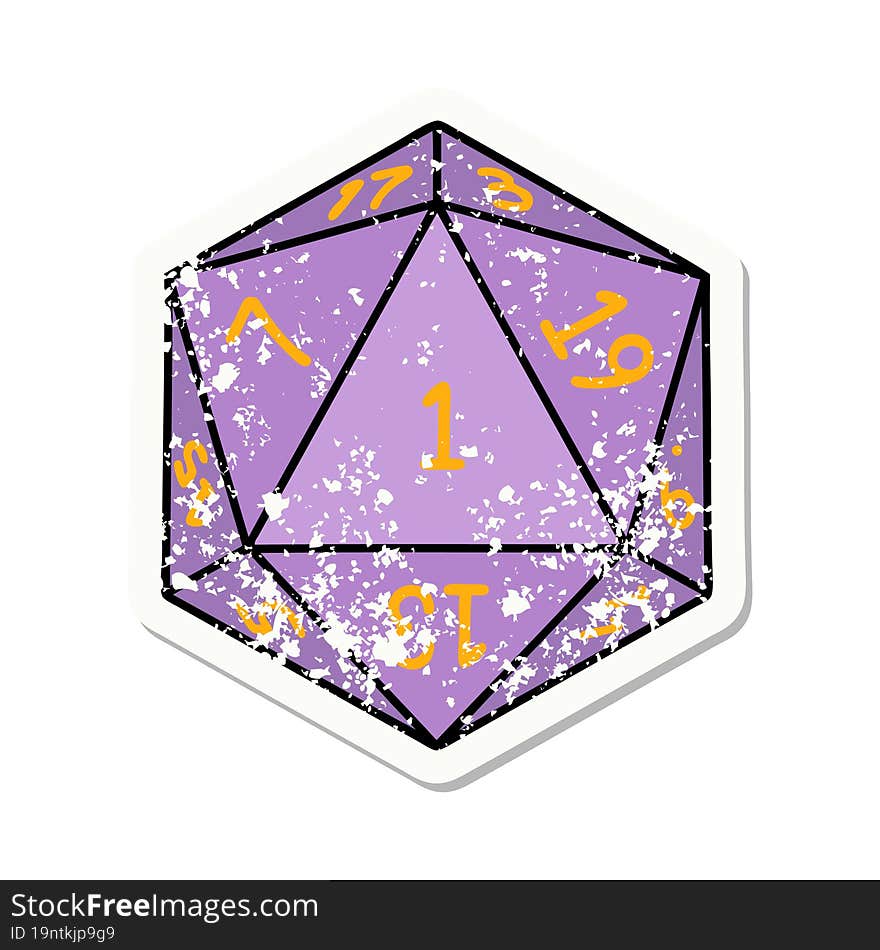 grunge sticker of a natural 1 D20 dice roll. grunge sticker of a natural 1 D20 dice roll