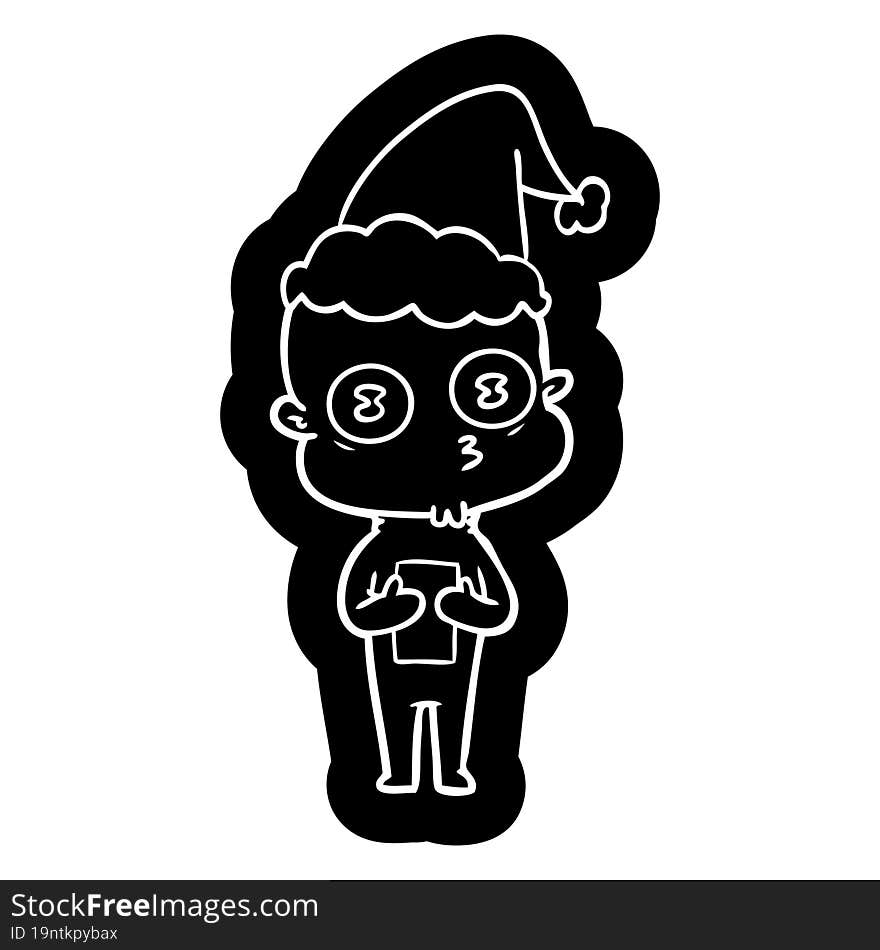 Cartoon Icon Of A Weird Bald Spaceman Wearing Santa Hat