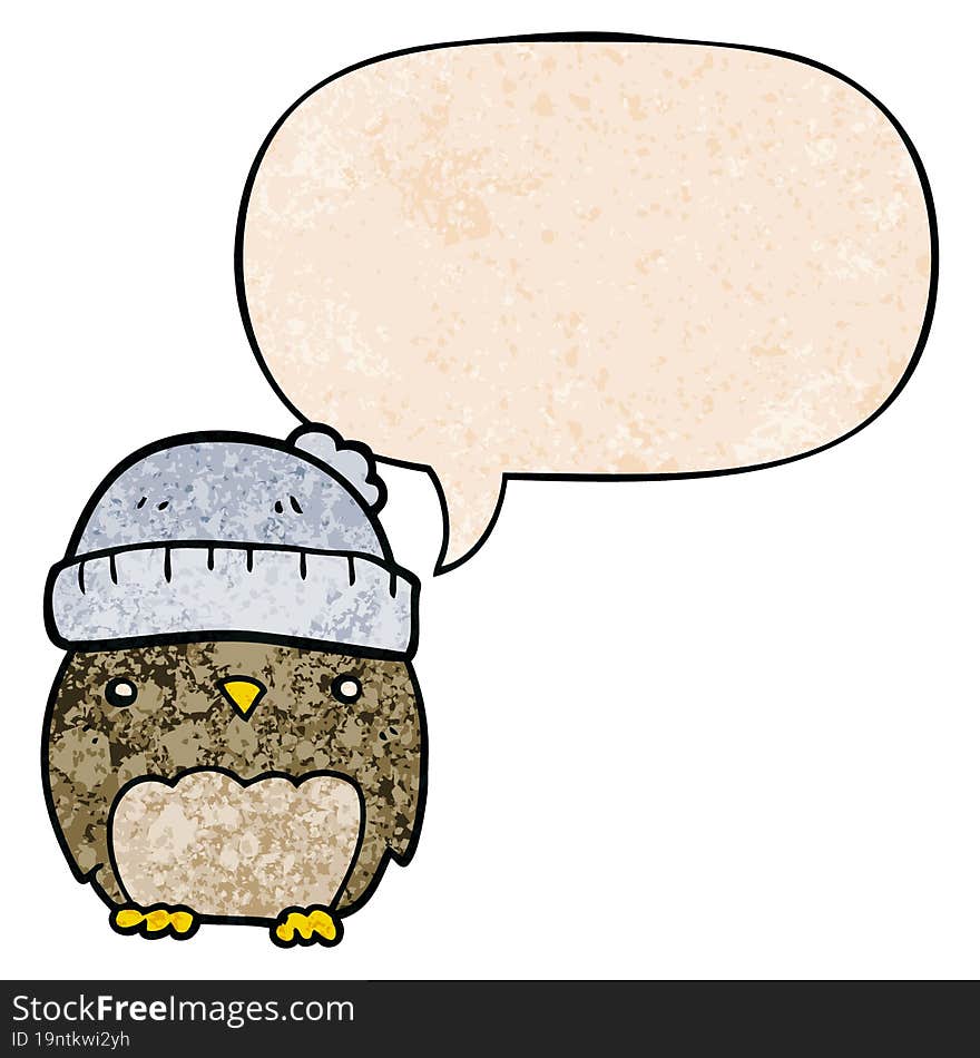 cute cartoon owl in hat and speech bubble in retro texture style