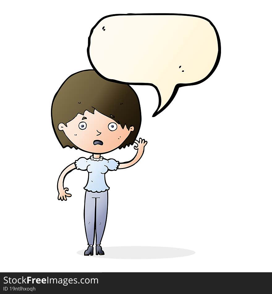 cartoon waving woman with speech bubble