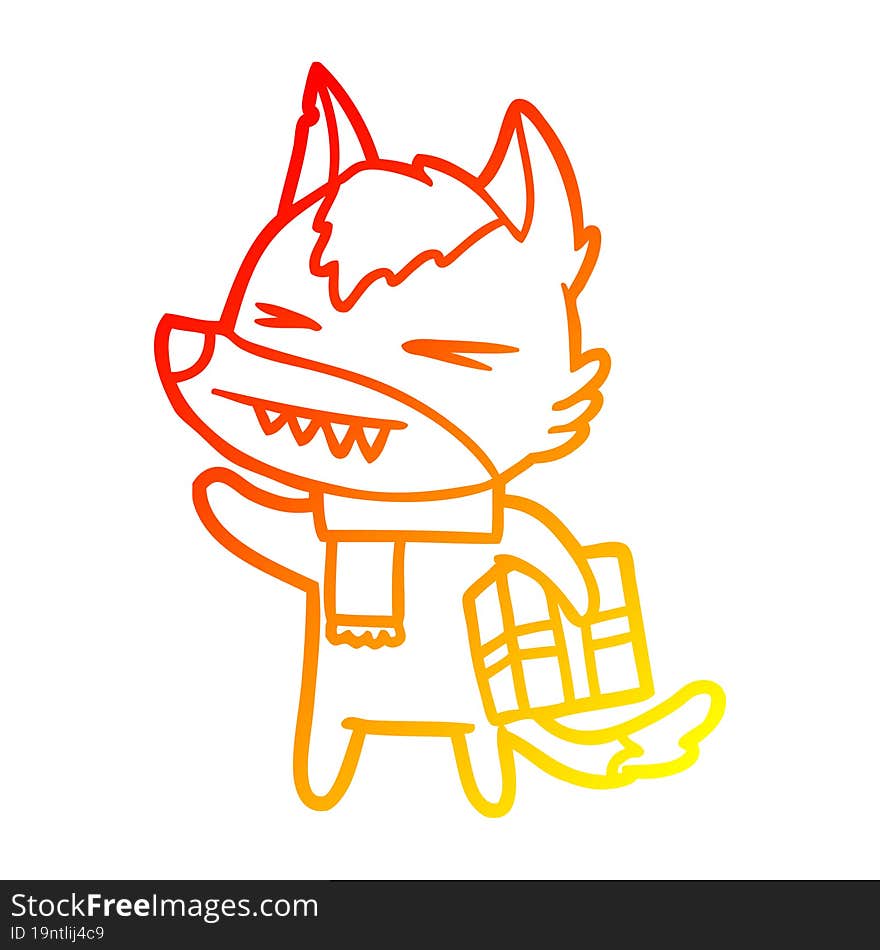 warm gradient line drawing of a angry christmas wolf cartoon