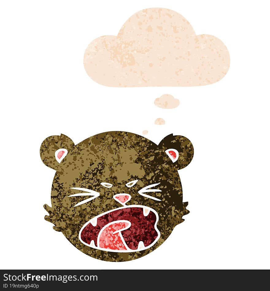 cute cartoon teddy bear face and thought bubble in retro textured style