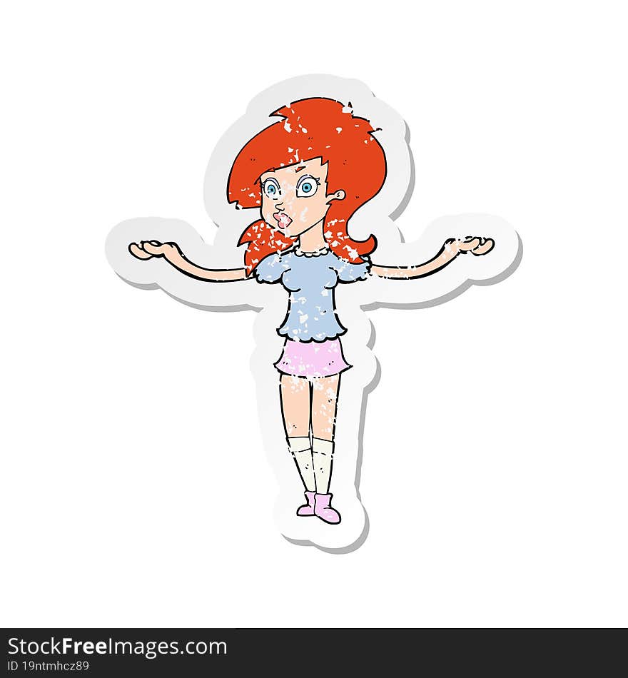 retro distressed sticker of a cartoon confused pretty girl