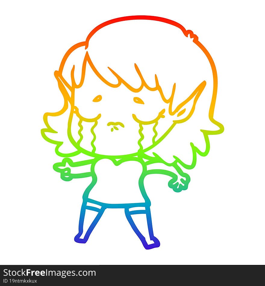 rainbow gradient line drawing of a cartoon crying elf girl