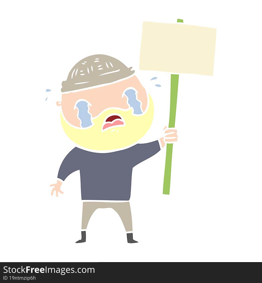 flat color style cartoon bearded protester crying