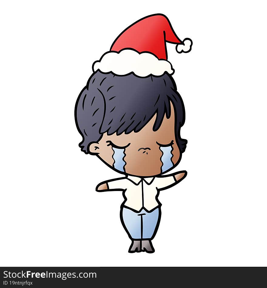 hand drawn gradient cartoon of a woman crying wearing santa hat