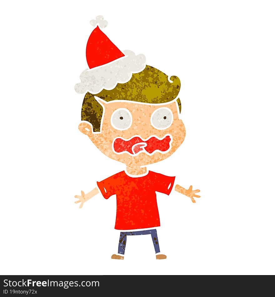 hand drawn retro cartoon of a man totally stressed out wearing santa hat