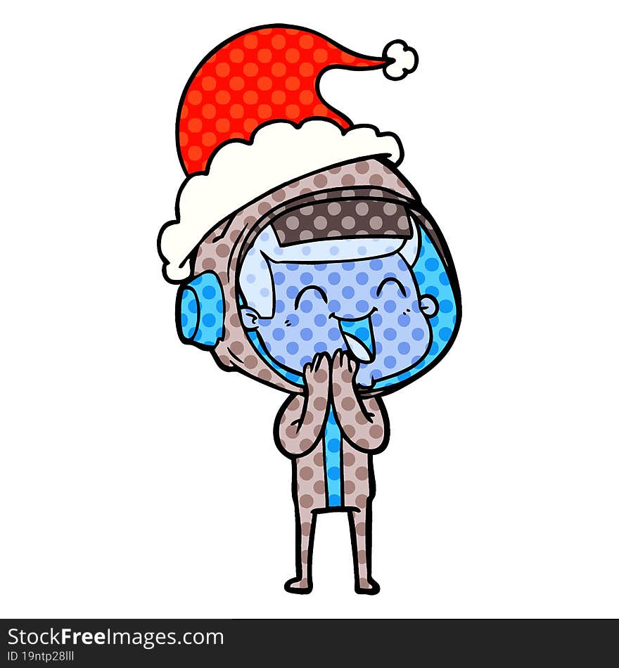 Happy Comic Book Style Illustration Of A Astronaut Wearing Santa Hat