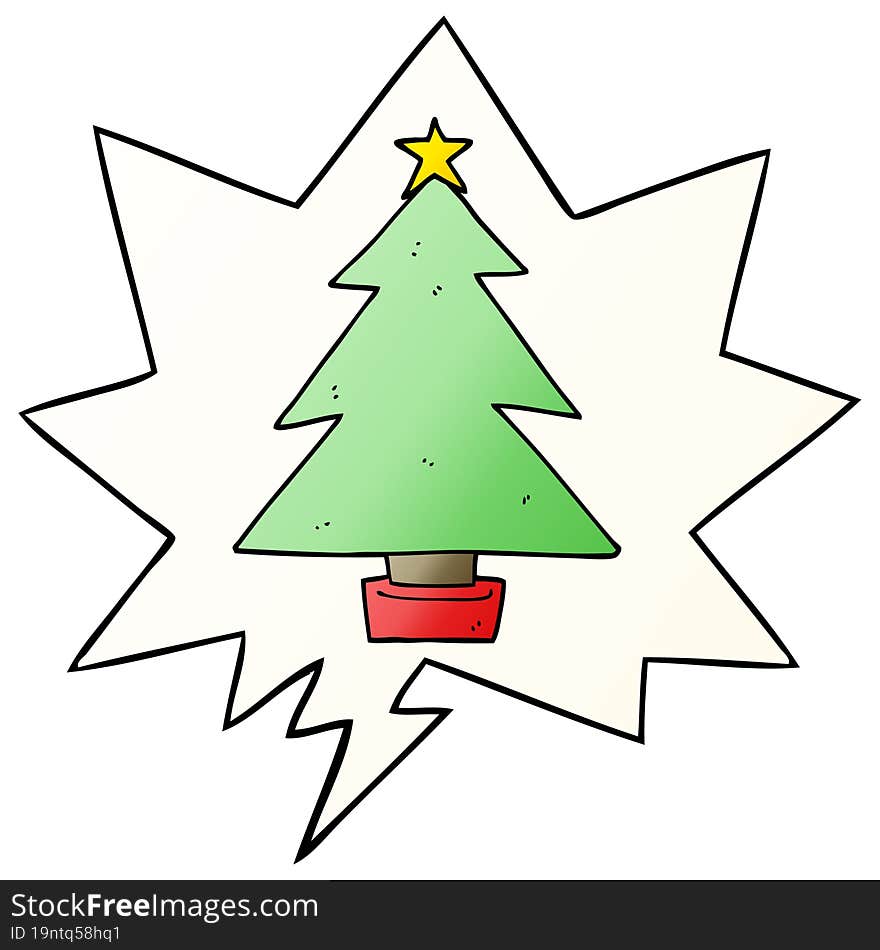 cartoon christmas tree and speech bubble in smooth gradient style