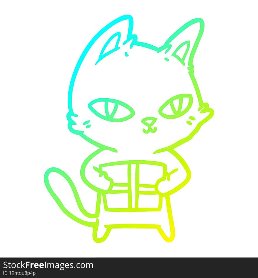 cold gradient line drawing cartoon cat holding parcel