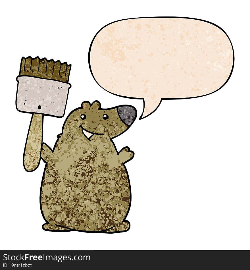 Cartoon Bear And Paint Brush And Speech Bubble In Retro Texture Style