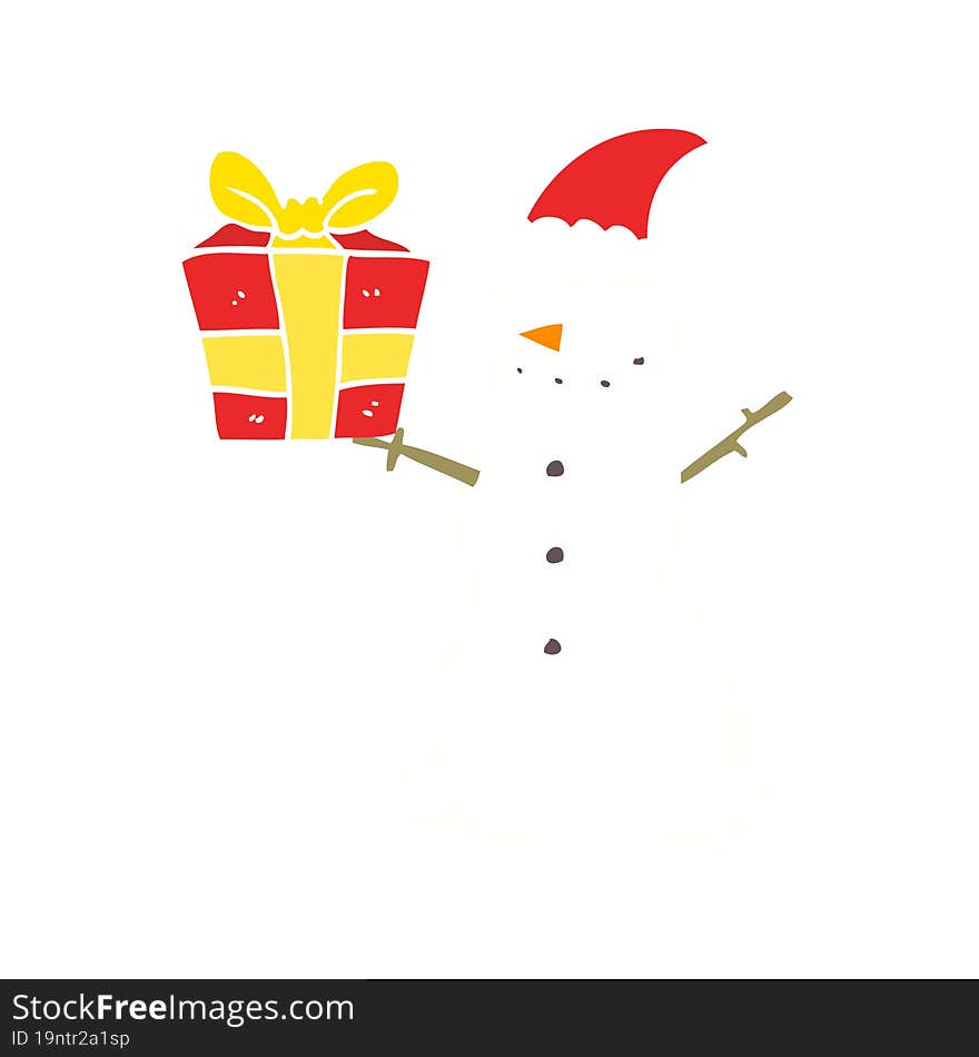 Flat Color Style Cartoon Snowman With Present