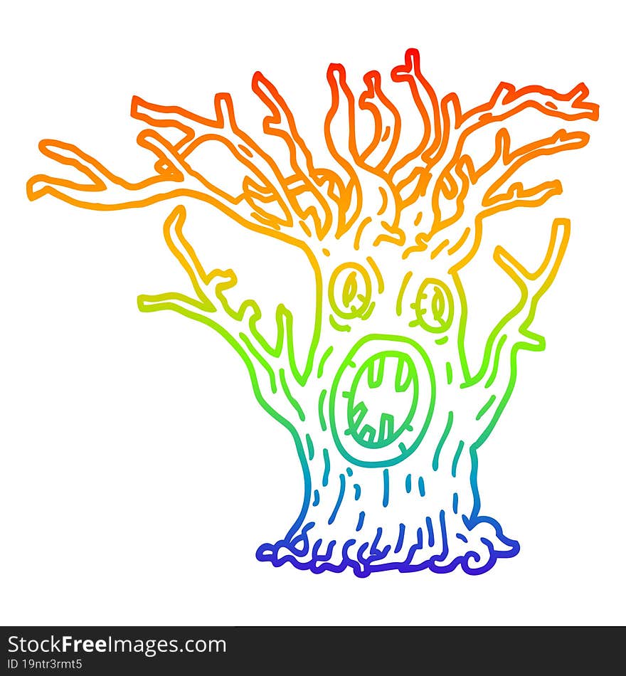 rainbow gradient line drawing of a cartoon spooky tree