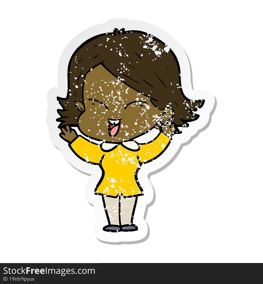 distressed sticker of a happy cartoon girl