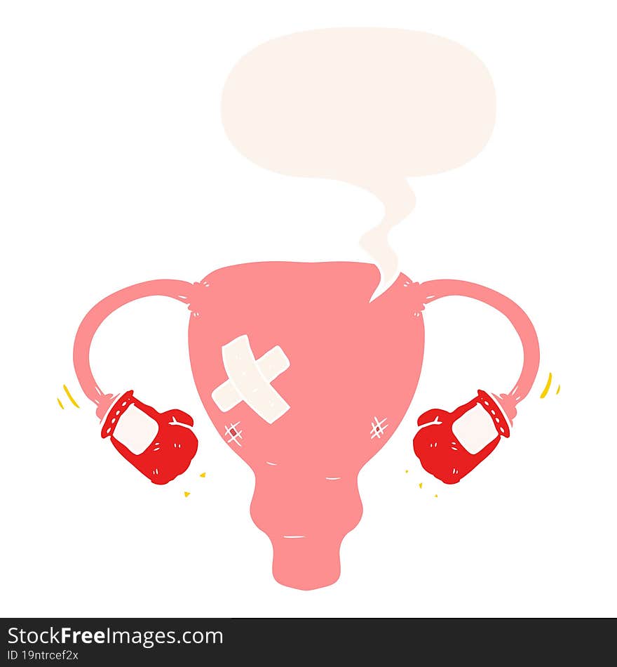 cartoon beat up uterus with boxing gloves with speech bubble in retro style. cartoon beat up uterus with boxing gloves with speech bubble in retro style