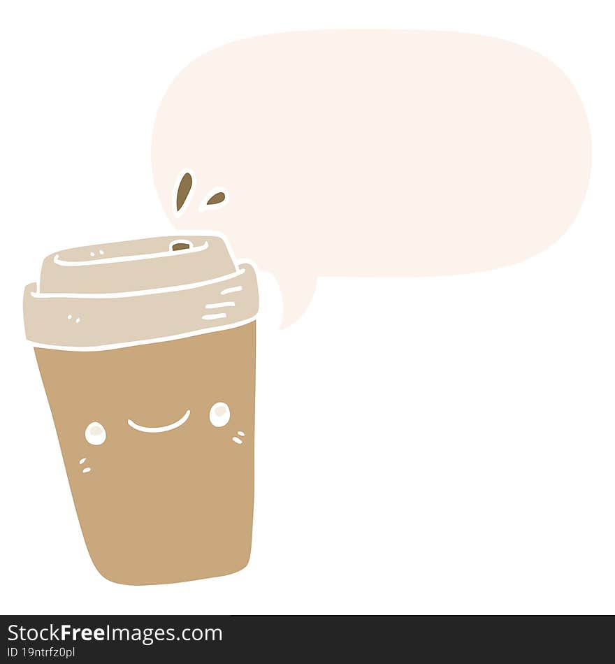 cartoon takeaway coffee with speech bubble in retro style