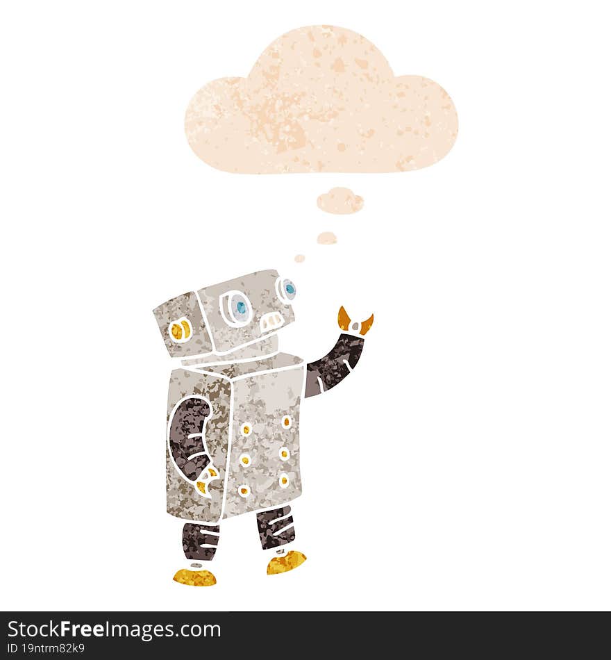 cartoon robot and thought bubble in retro textured style