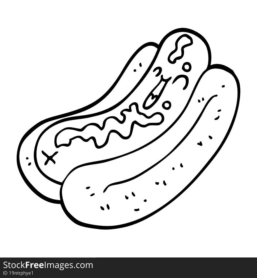 line drawing cartoon hotdog with mustard