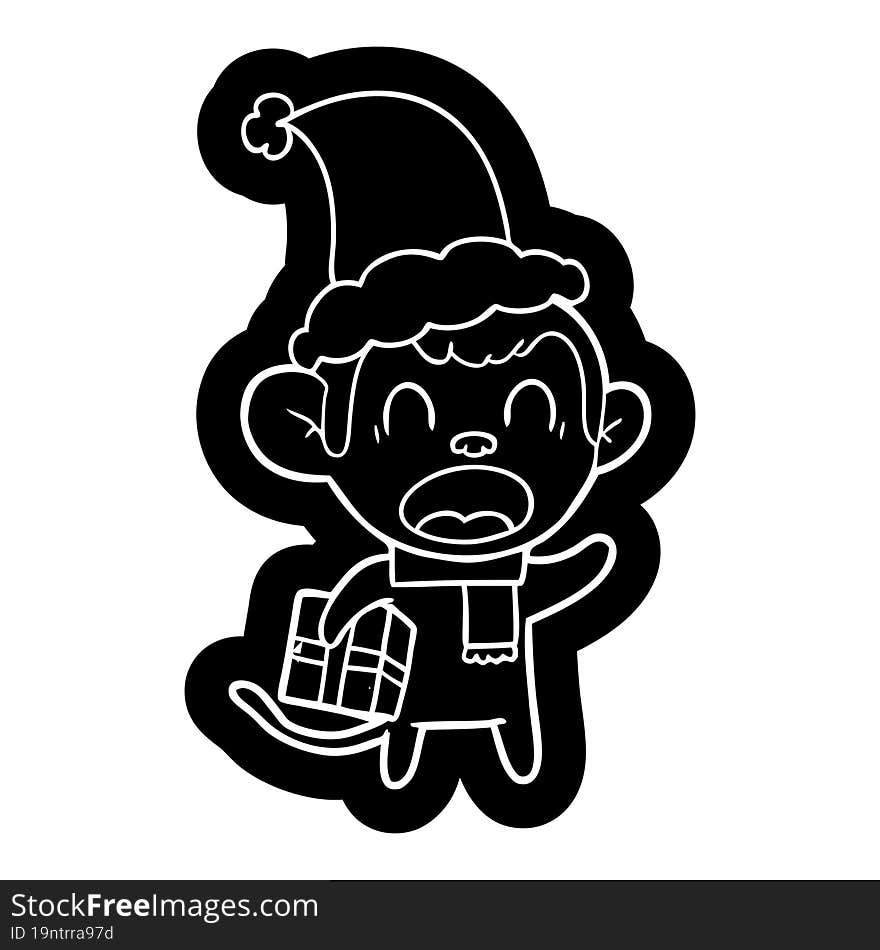 shouting cartoon icon of a monkey carrying christmas gift wearing santa hat